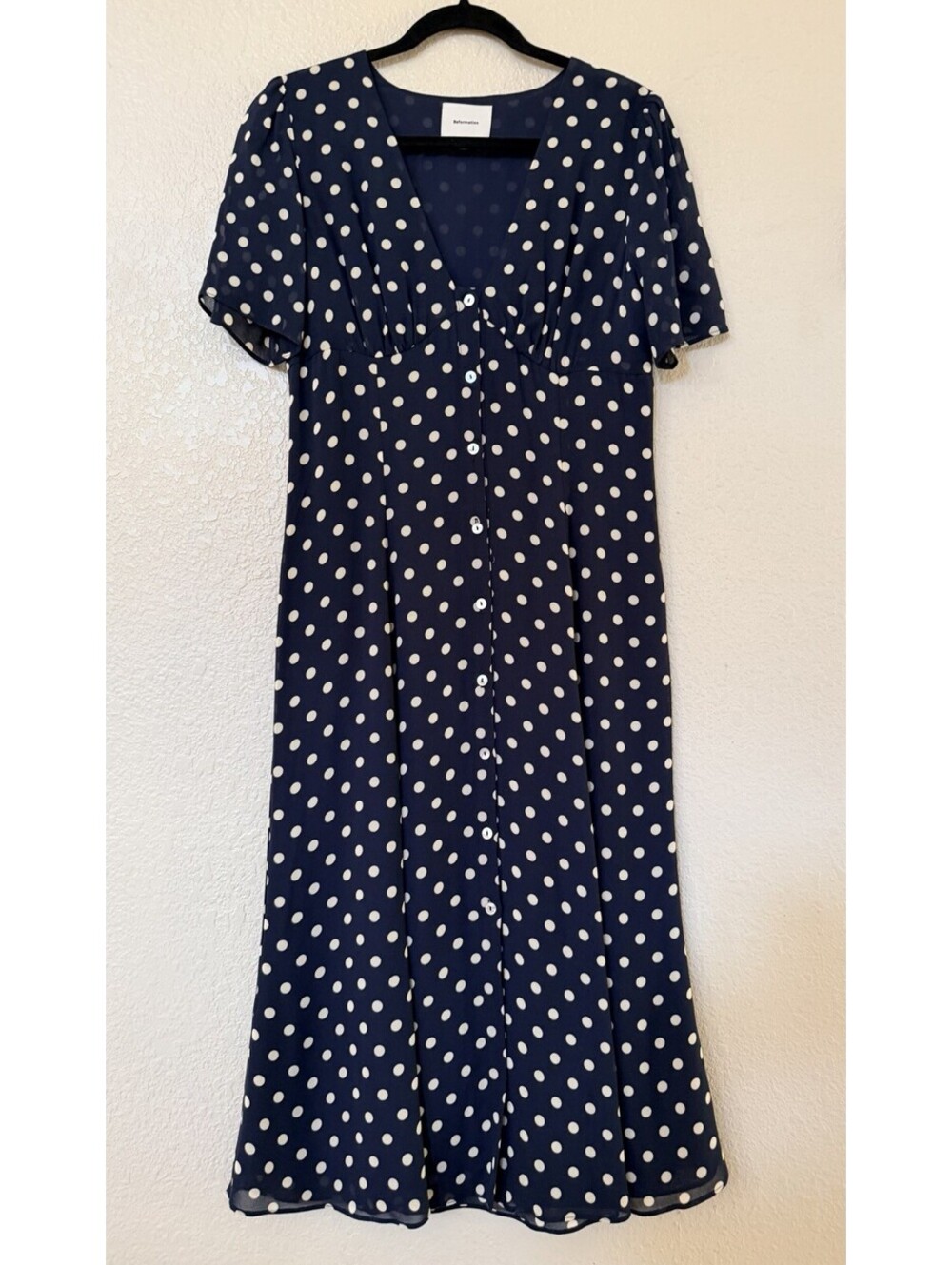 New Reformation Lise Polka Dot Chiffon Dress In Navy Size 6 $198 - Picture 4 of 12
